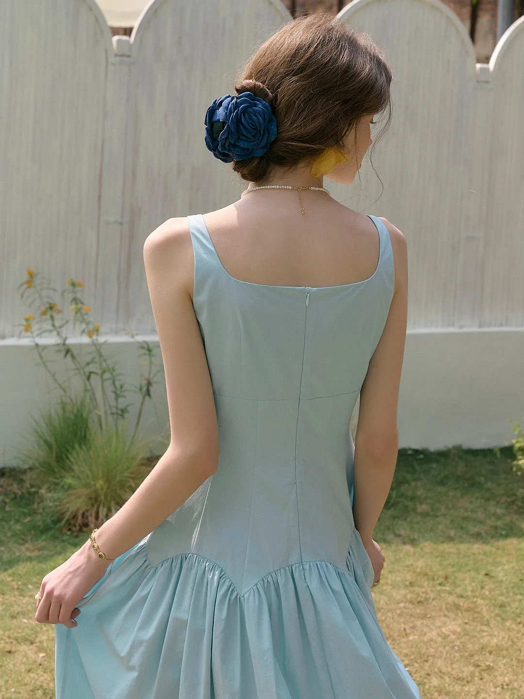 Jemma Square Neck Patchwork Dress - Blue