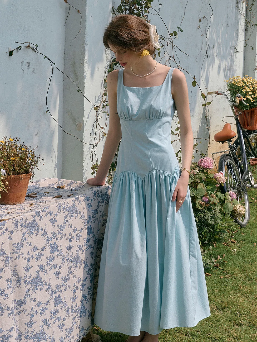 Jemma Square Neck Patchwork Dress - Blue
