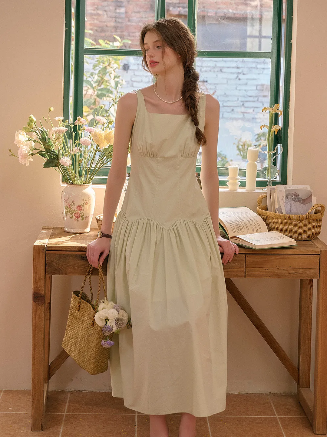 Jemma Square Neck Patchwork Dress - Green