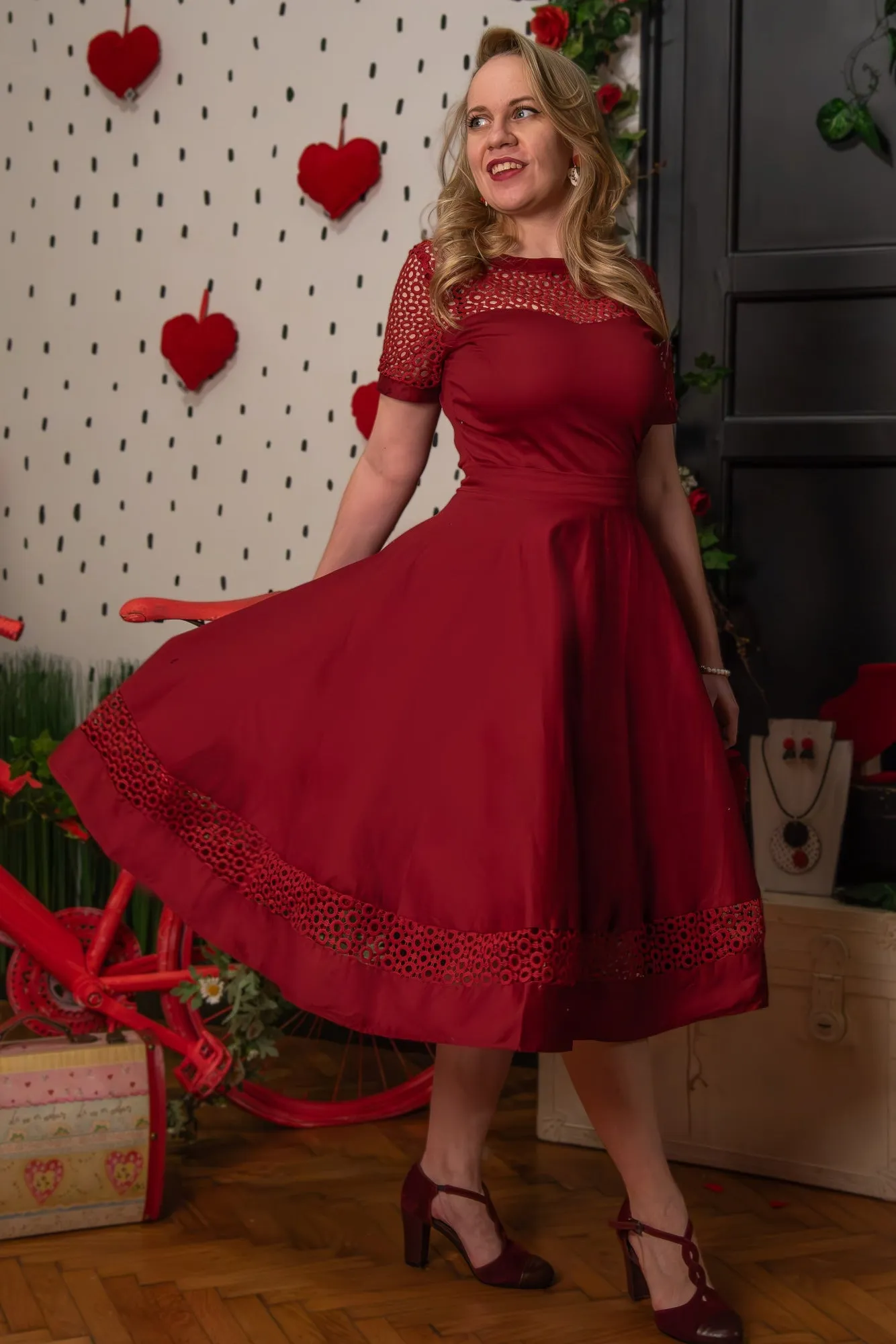 Miss Lily Dress in Burgundy Dots