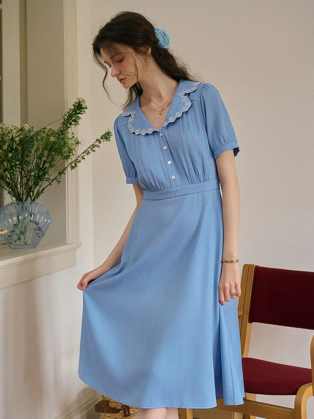 Natalie V-Neck Lace Tuck Pleats Dress