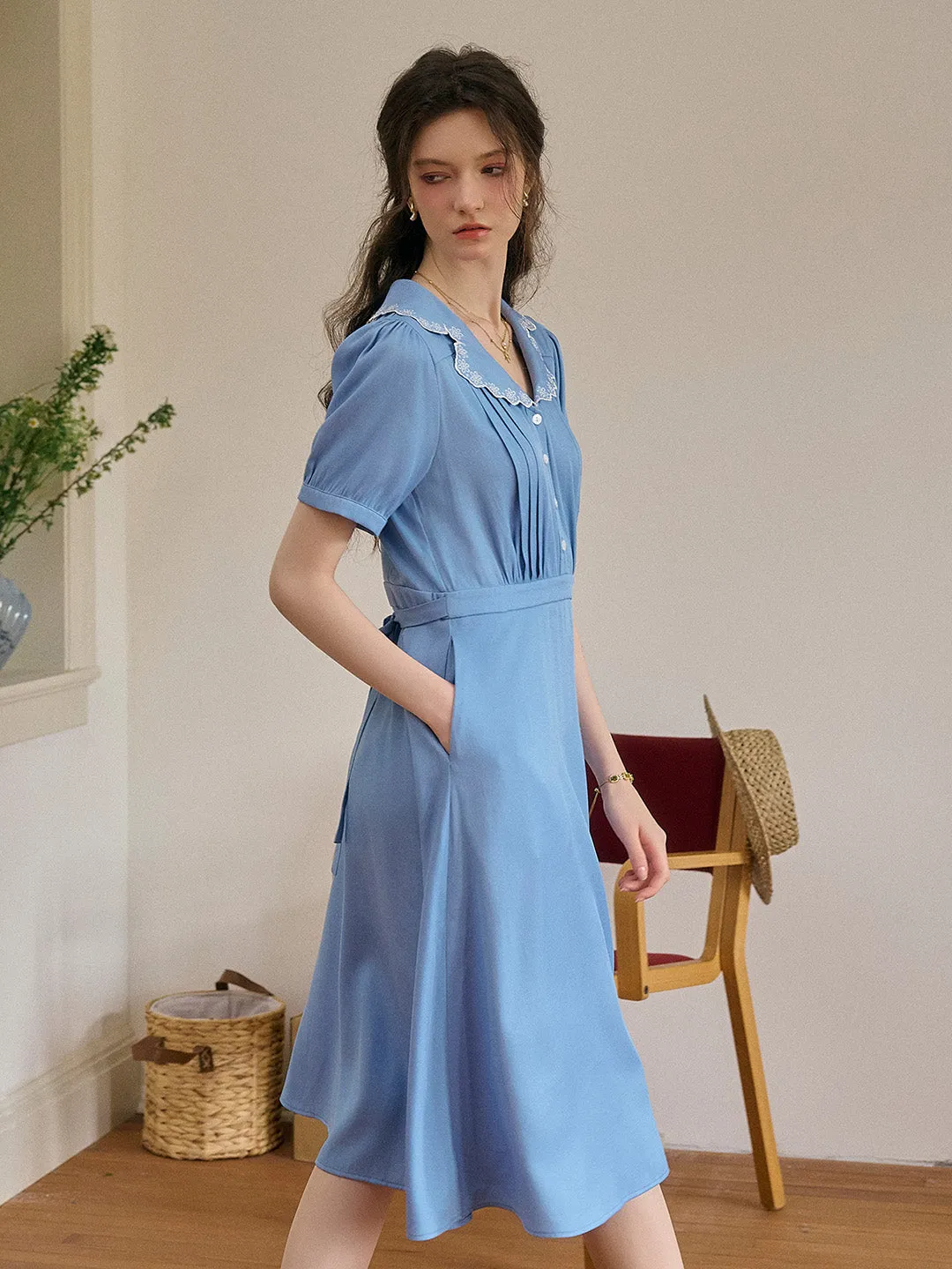 Natalie V-Neck Lace Tuck Pleats Dress