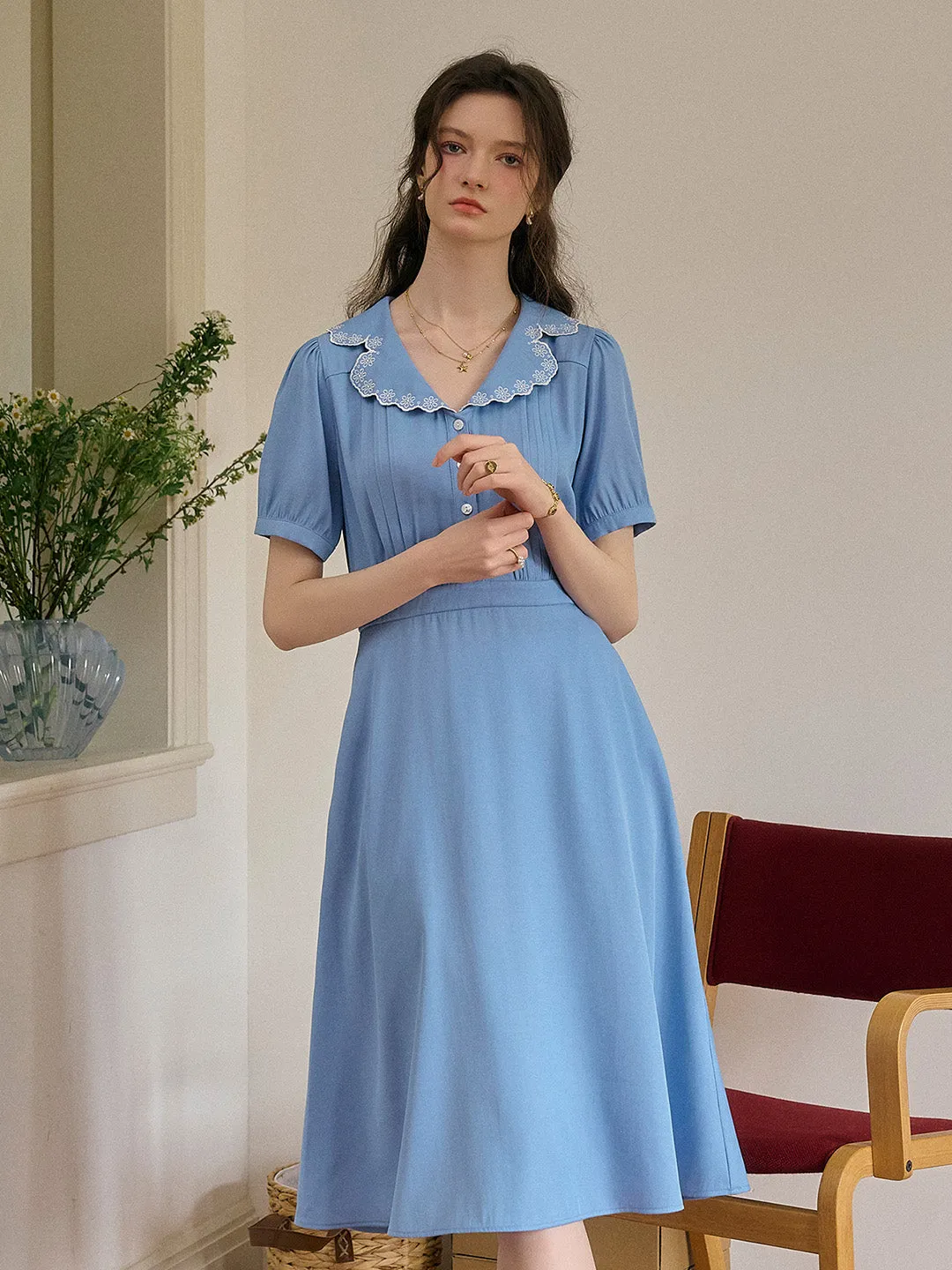 Natalie V-Neck Lace Tuck Pleats Dress