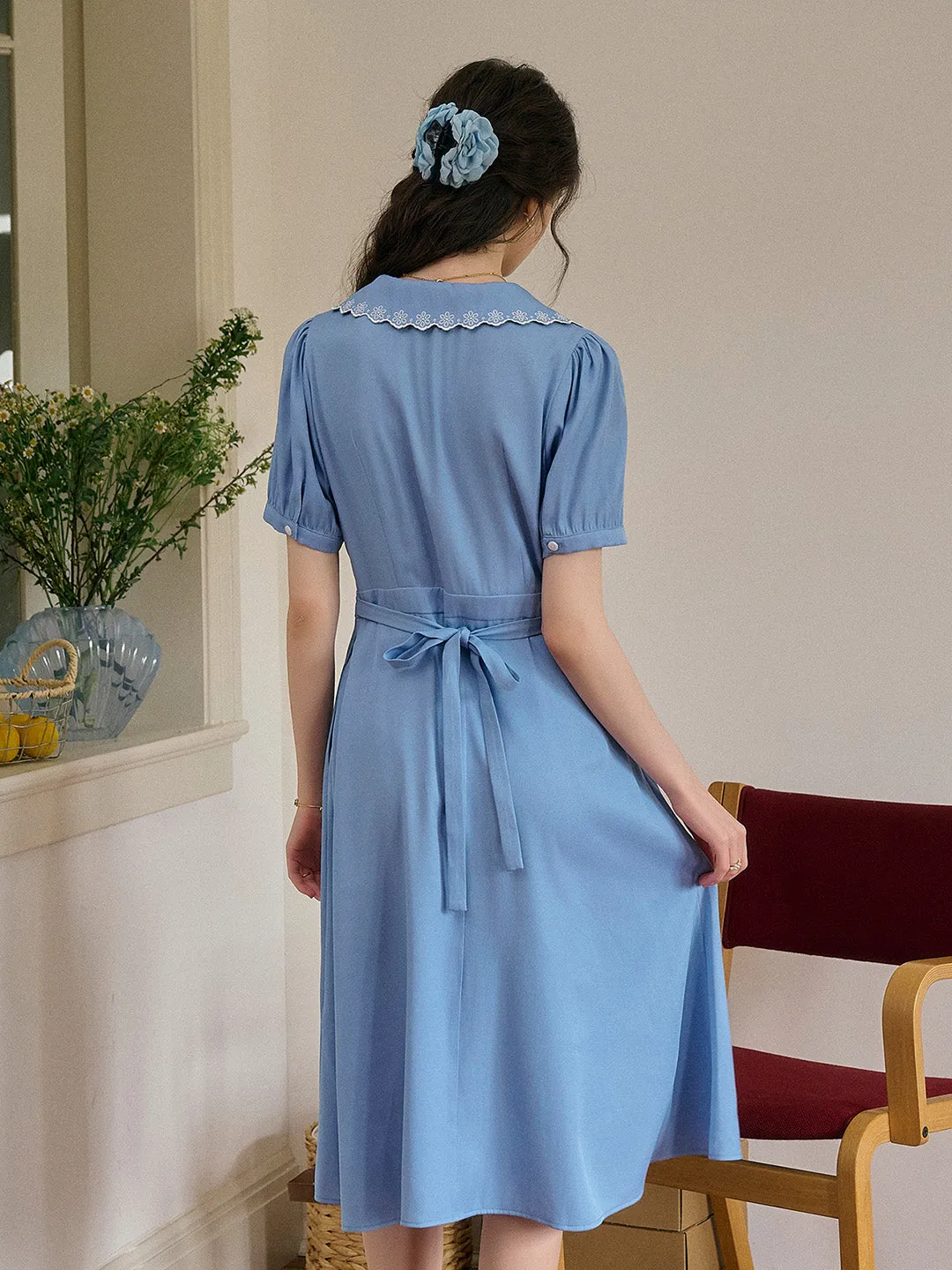 Natalie V-Neck Lace Tuck Pleats Dress