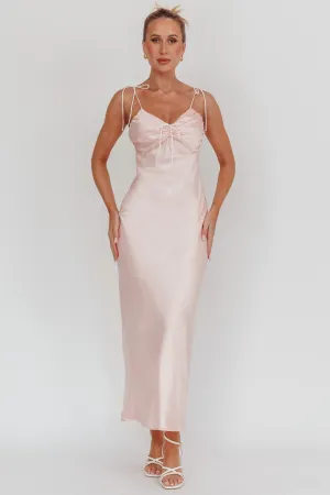 Slow Burn Tied Shoulders Satin Maxi Dress Pink