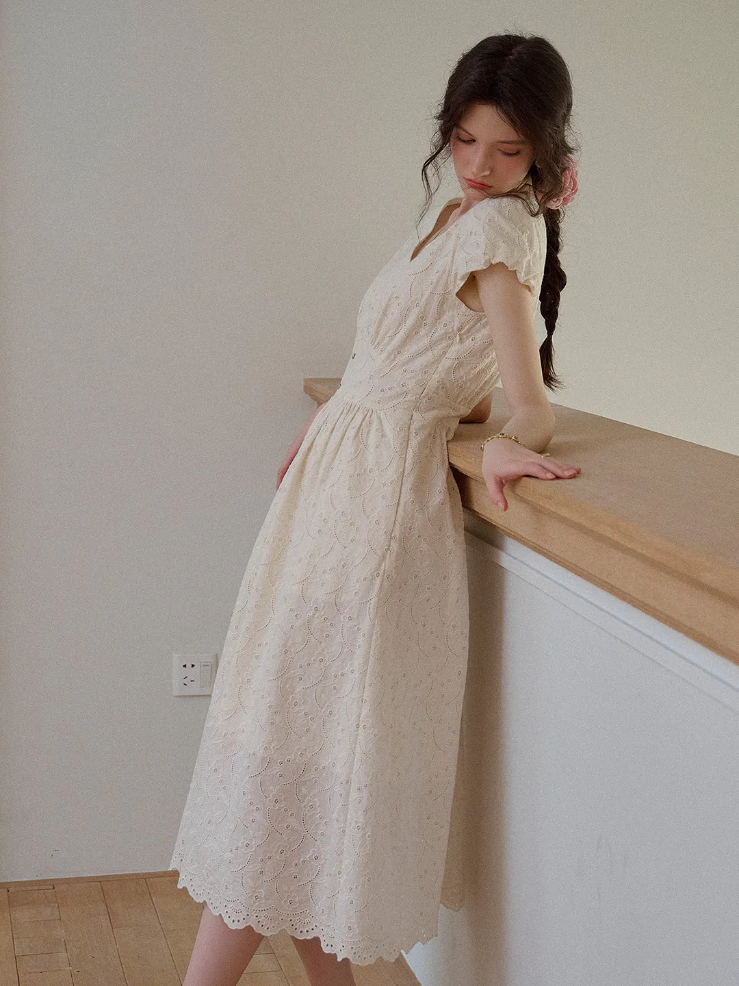 Soleil V-Neck Embroidery 100% Cotton Dress