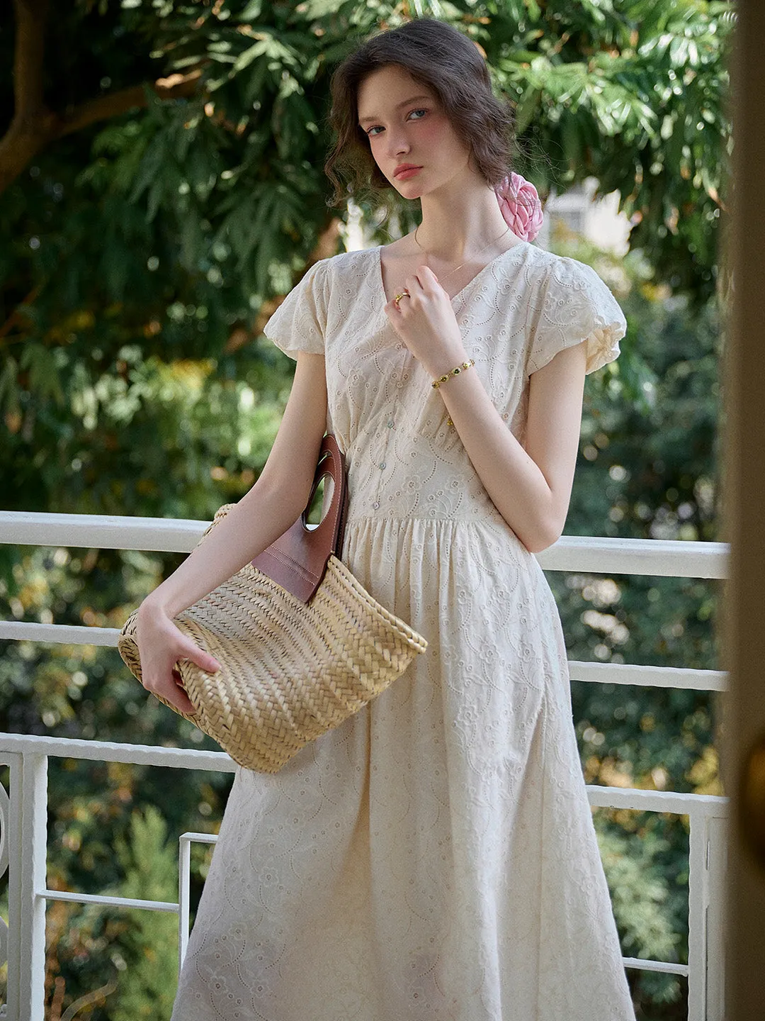Soleil V-Neck Embroidery 100% Cotton Dress